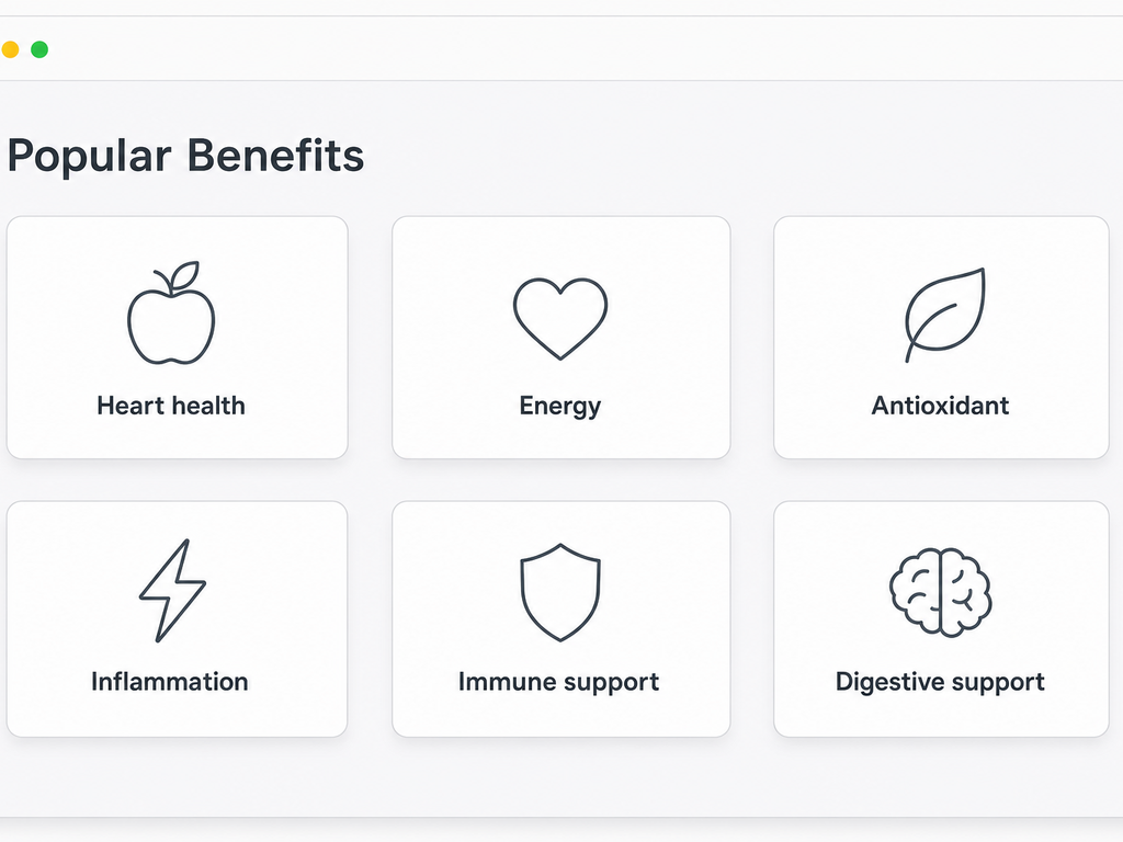 Proof.fit's Popular Benefits grid — Heart health, Energy, Antioxidant, Inflammation, Immune support, Digestive support.