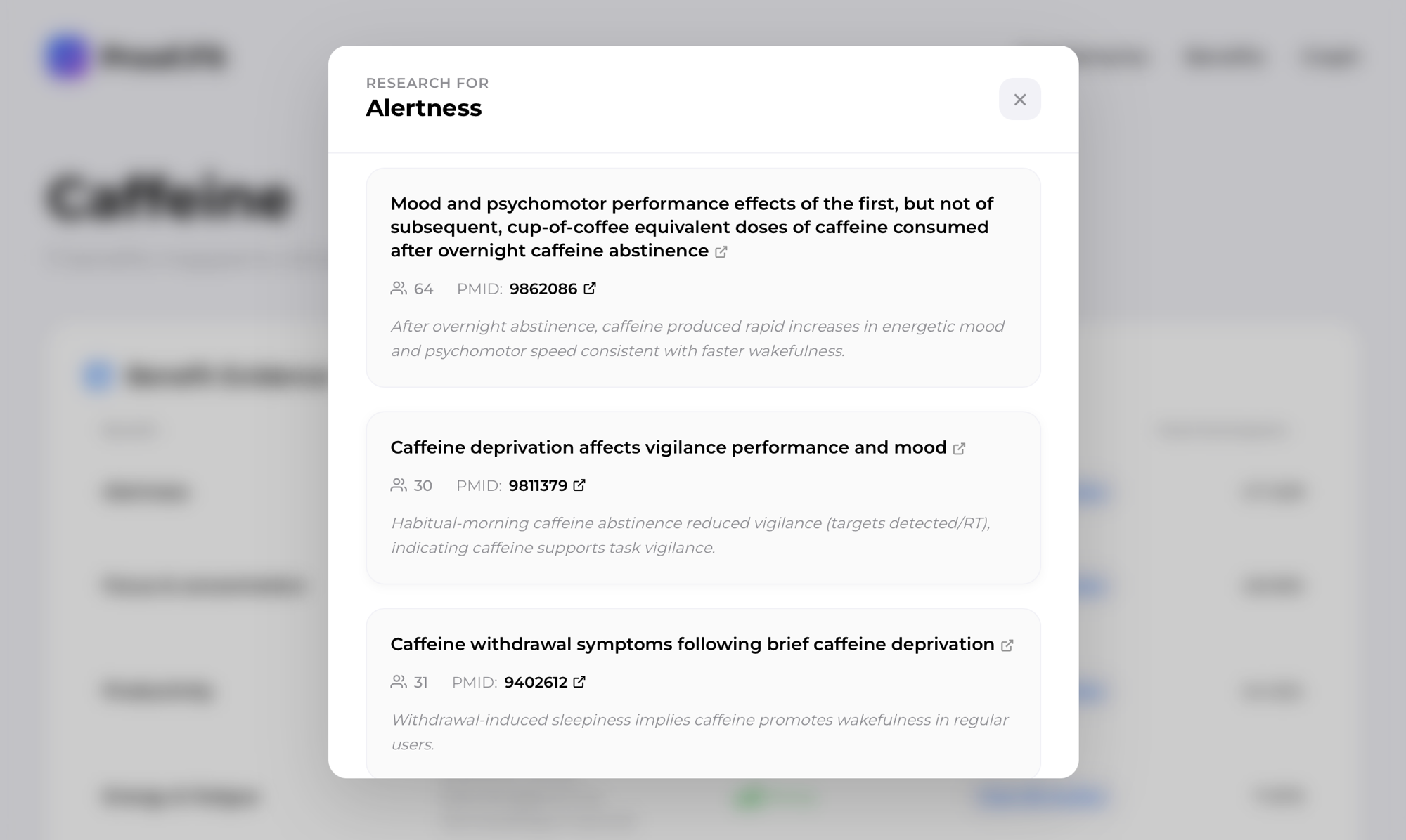 A real research modal on Proof.fit — three RCT studies for caffeine and alertness, each with PMID, sample size, and a plain-English study summary.