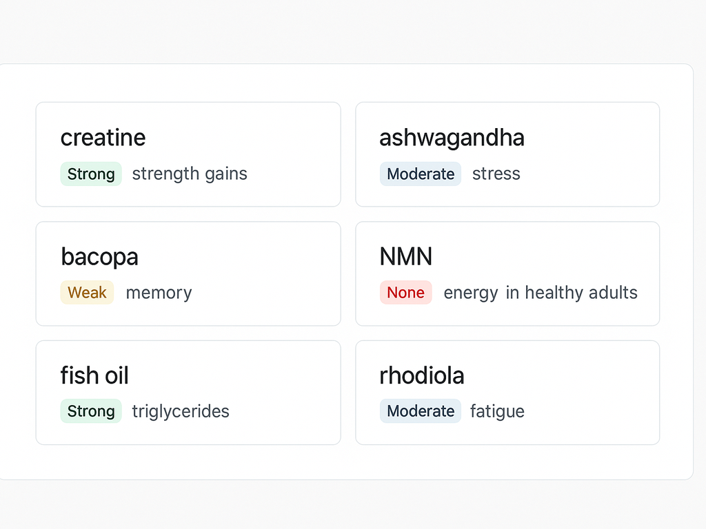 The Proof.fit homepage browse grid with multiple supplement tiles visible — no signup wall, no email modal.